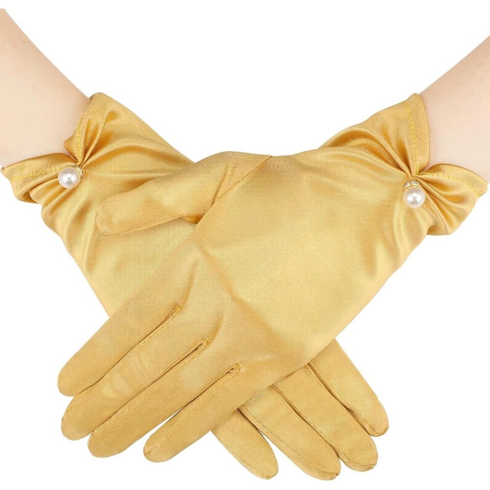 Women's Gold Flapper Short Satin Wrist Pearl Gloves Party Banquet Accessories